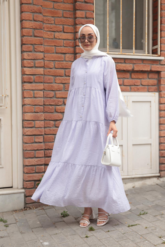 Kendinden Desenli Elbise Lila