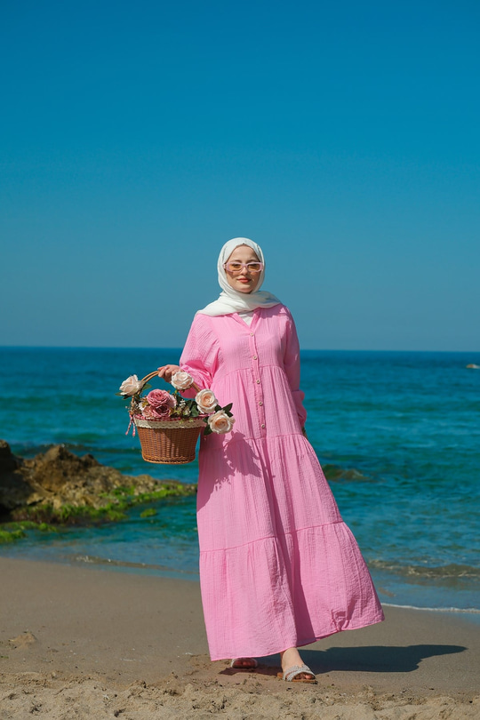 Kendinden Desenli Elbise Pembe