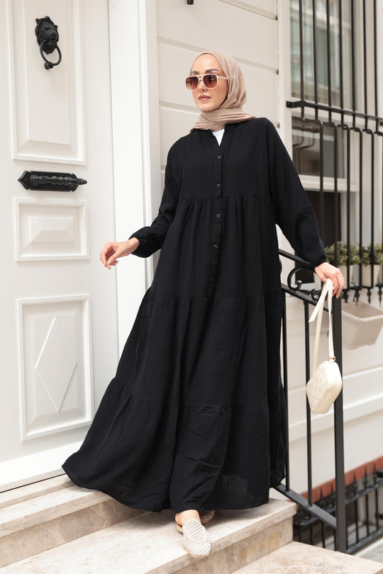 Kendinden Desenli Elbise Siyah