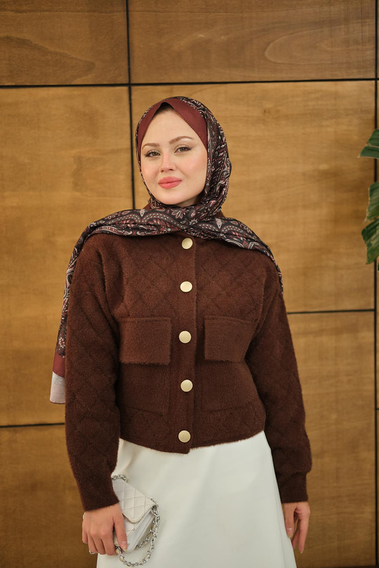 Kendinden Desenli Kapüşonlu Hırka Kahverengi