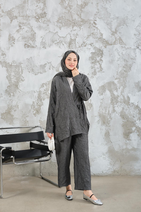 Kendinden Desenli Kimono Takım Antrasit