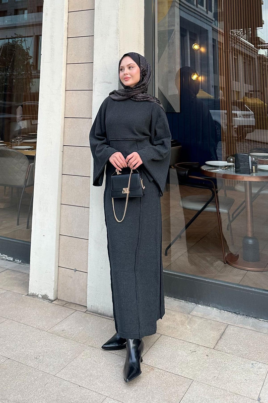 Kendinden Desenli Kraş Elbise Antrasit