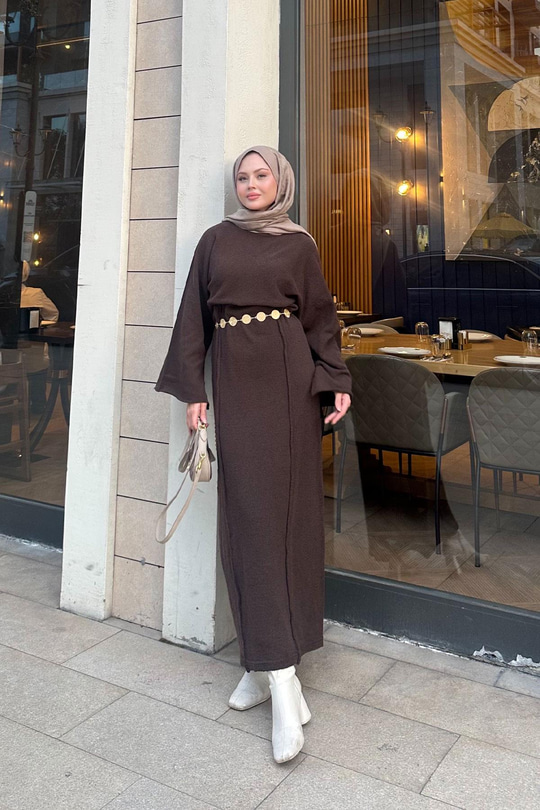 Kendinden Desenli Kraş Elbise Kahverengi