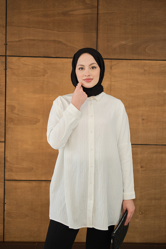 Kendinden Desenli Mila Gömlek Beyaz