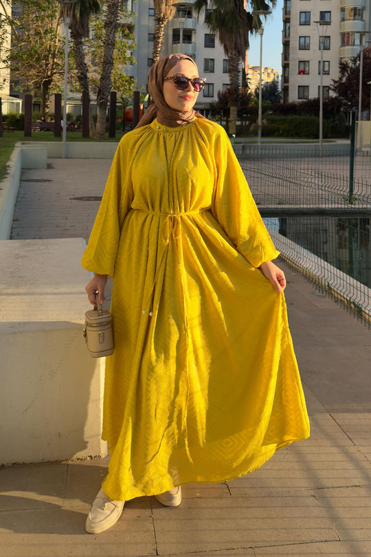 Kendinden Desenli Oversize Elbise Yağ Yeşil