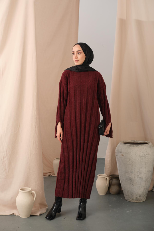 Kendinden Desenli Triko Elbise Bordo