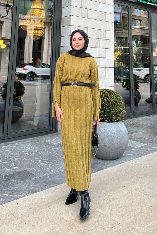 Kendinden Desenli Triko Elbise Yağ Yeşil