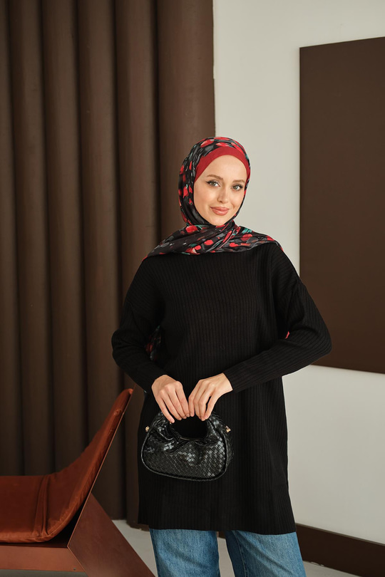Kendinden Desenli Triko Tunik Siyah