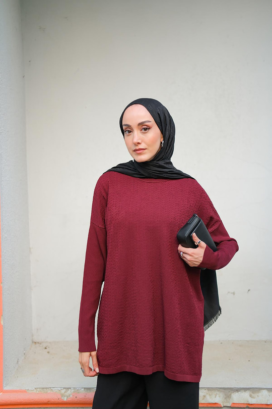 Kendinden Desenli Tunik Bordo