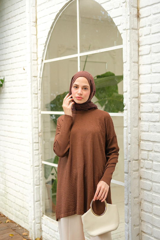 Kendinden Desenli Tunik Kahverengi