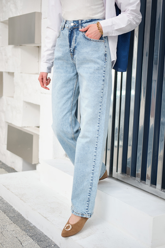 Kesik Paça Desen Kot Pantolon Buz Mavi