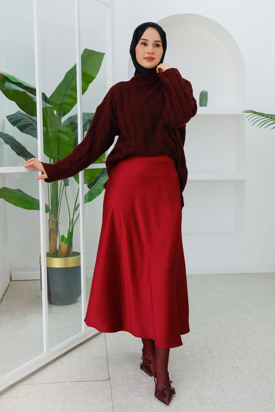 Kiloş Saten Etek  Bordo