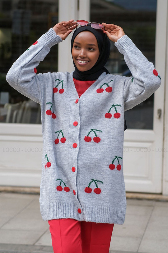 Uygun Fiyatlı KIRAZ DESEN TRIKO HIRKA GRI | Loccomoda.com 