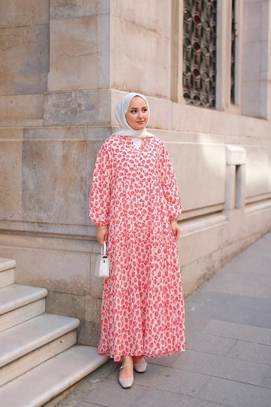 Kiraz Ve Çicek Desenli Elbise Kırmızı