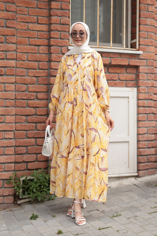 Kırlangıç Desenli Elbise Sarı
