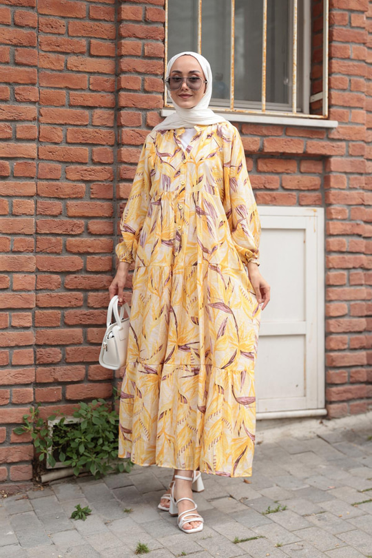 Kırlangıç Desenli Elbise Sarı