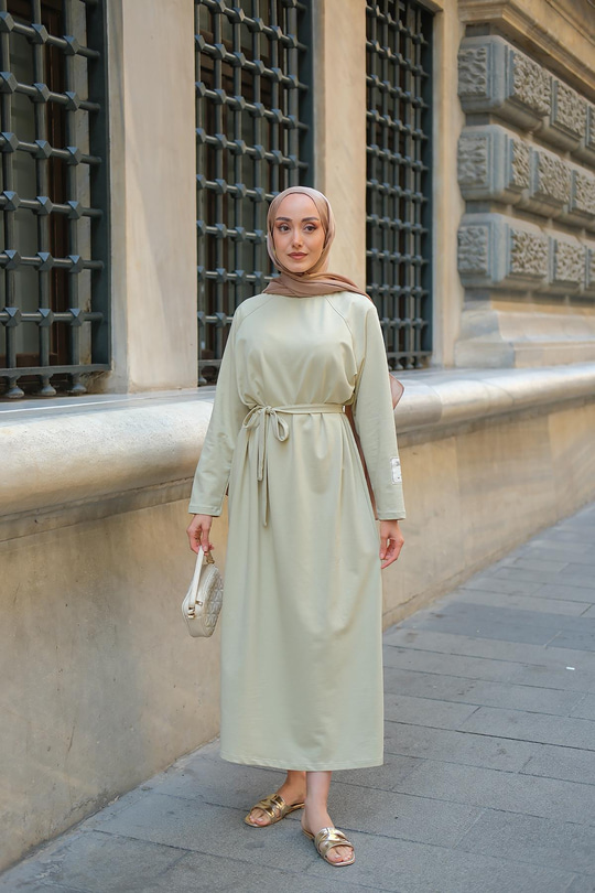 Kol Arma Detaylı Bisiklet Yaka Elbise Açık Yeşil