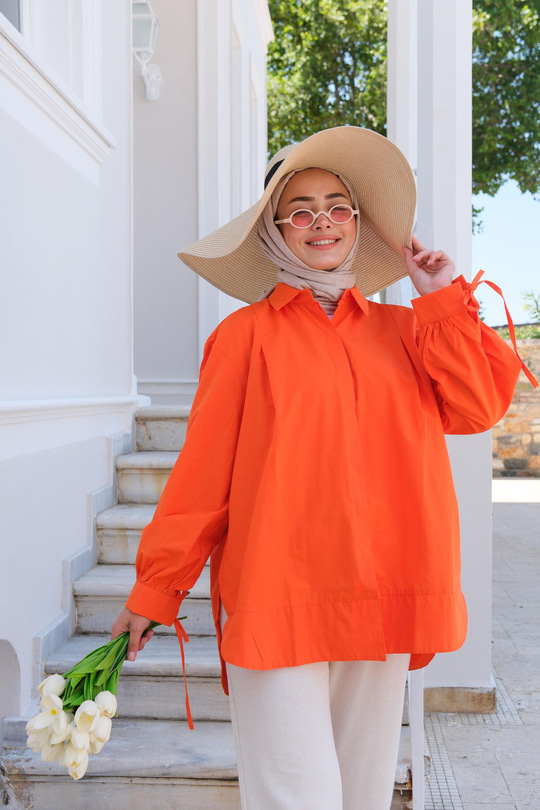 Kol Bağlama Detaylı Gömlek Turuncu