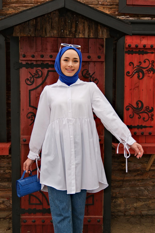 KOL BAGLAMALI BUZGULU TUNIK BEYAZ