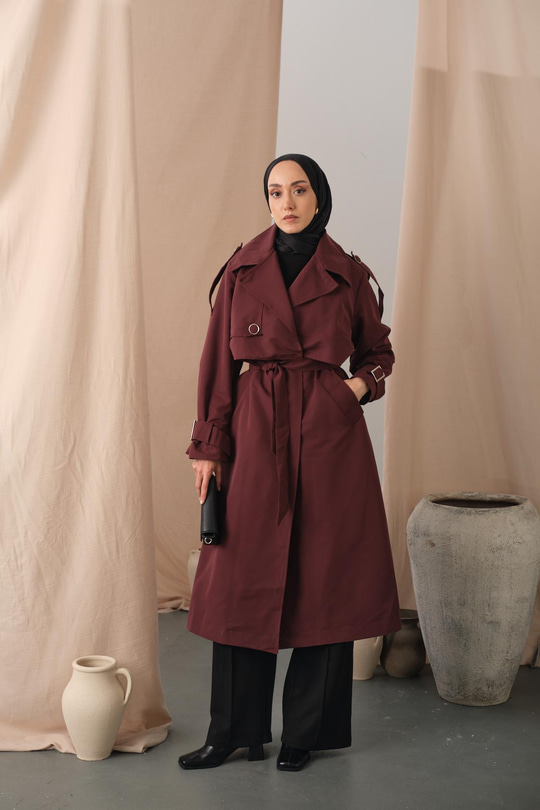 Kol Bilek Detay Bağlamalı Trençkot Bordo