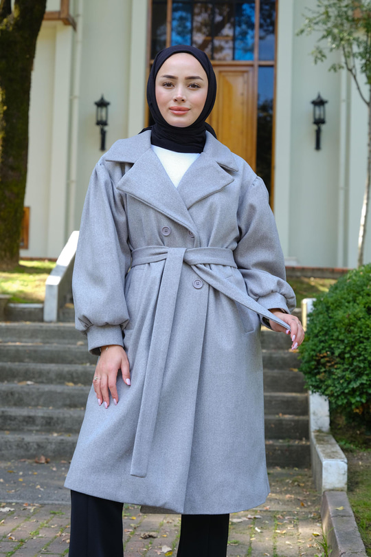 Kol Büzgülü Gofreli Kruvaze Yaka Kaşe Gri