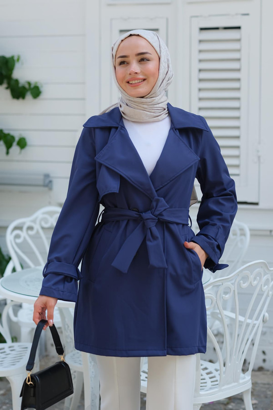 Kol Kemer Detay Bel Bağlamalı Trençkot Saks Mavi