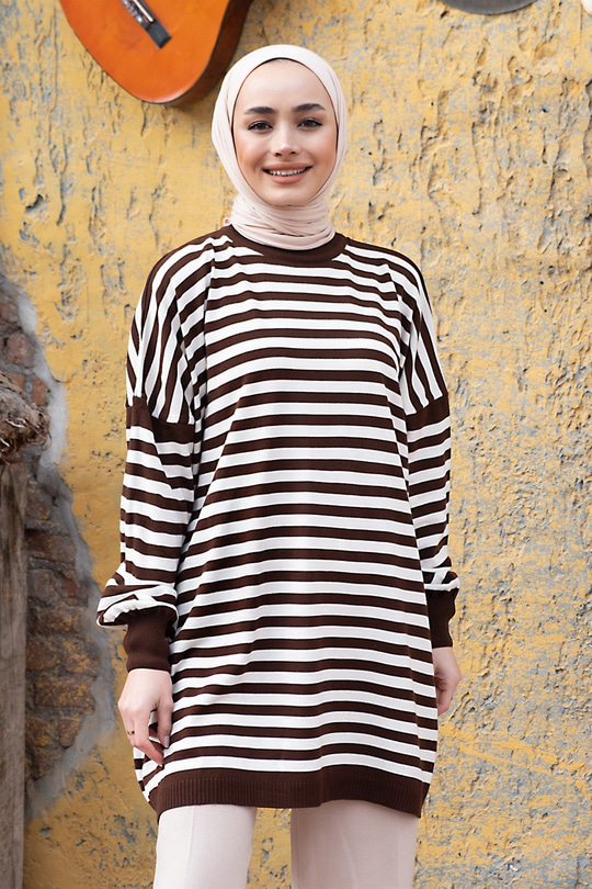 Uygun Fiyatlı KOL LASTIKLI CIZGILI TUNIK KAHVERENGI | Loccomoda.com 