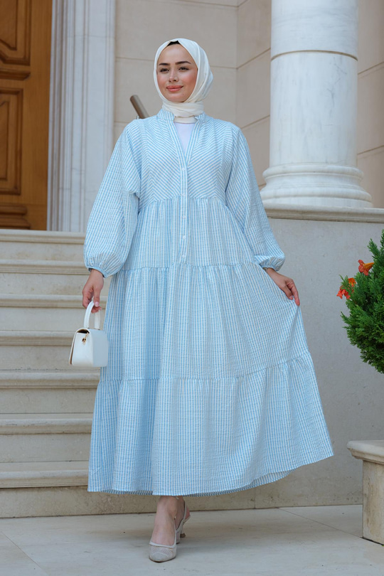 Kol Lastikli Düğme Detay Çizgili Elbise Açık Mavi