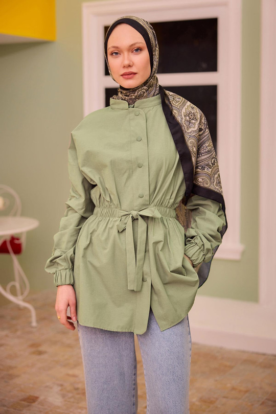 Kol Ve Bel Büzgülü Çıt Çıt Detaylı Gömlek Küf Yeşil