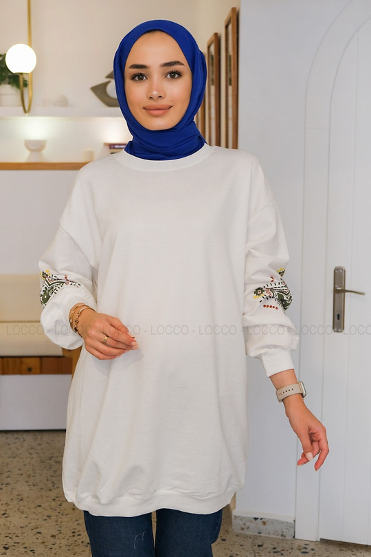Uygun Fiyatlı KOLLARI BASKILI SWEAT BEYAZ | Loccomoda.com 