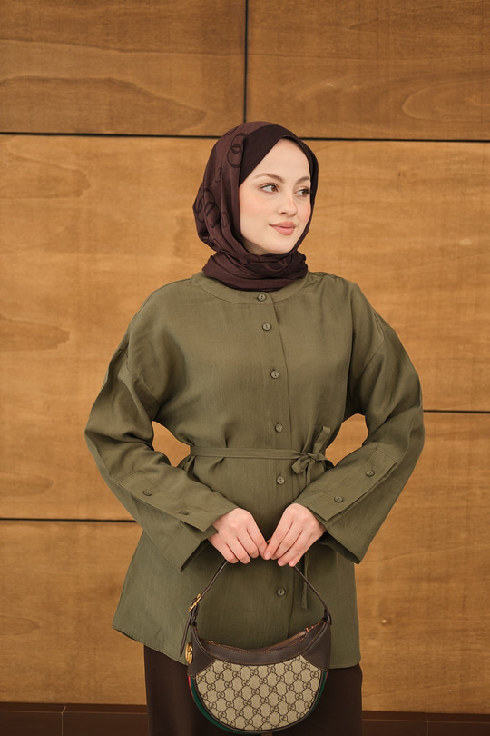 Kolları Düğme Detay Bisiklet Yaka Gömlek Haki Yeşil