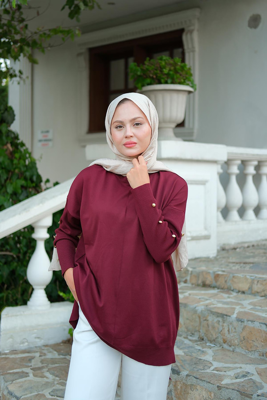 Kolları Düğme Detaylı Tunik Bordo