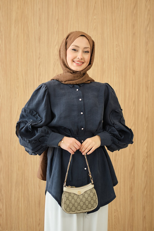 Kolları Fırfırlı Bel Bağlamalı Gömlek Lacivert