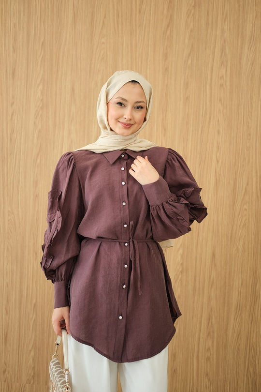 Kolları Fırfırlı Bel Bağlamalı Gömlek Bordo