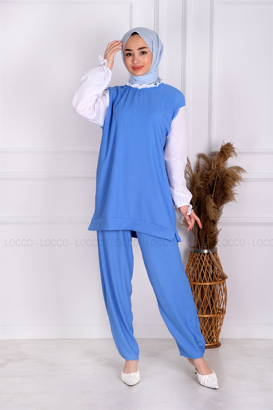 Uygun Fiyatlı KOLLARI GARNILI TAKIM MAVI | Loccomoda.com 