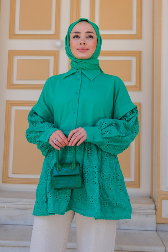 KOLLARI GUPUR DETAYLI GOMLEK YESIL