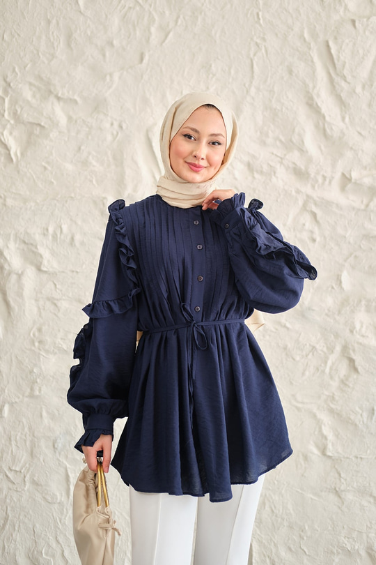 Kolları Nervurlu Önü Pileli Gömlek Lacivert