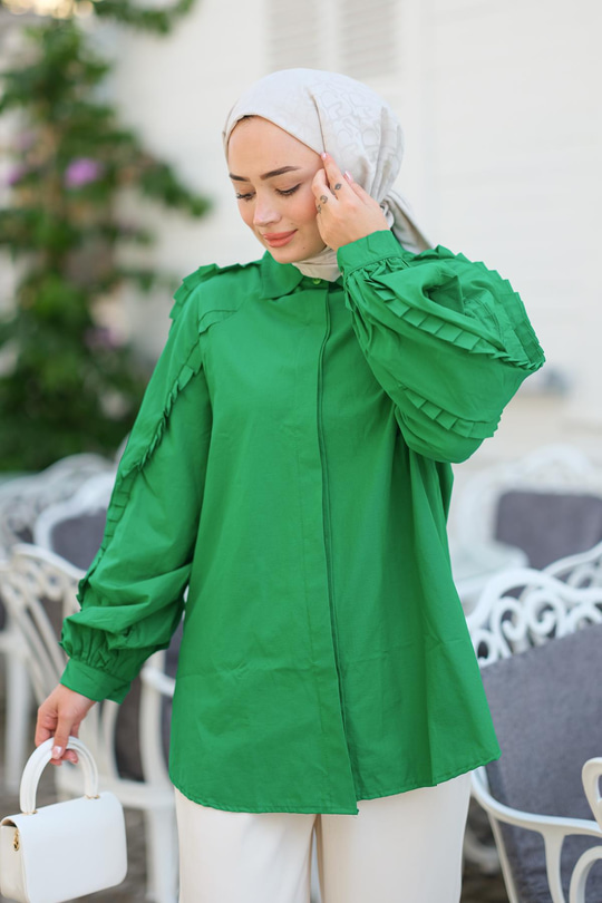 Kolları Pile Detay Gömlek Zümrüt Yeşil