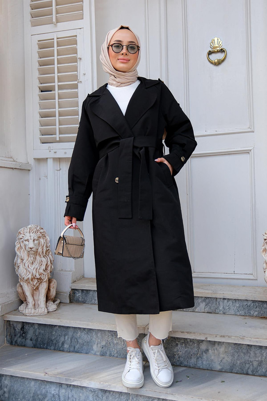 Kolları Pileli Kruvaze Yaka Trençkot Siyah