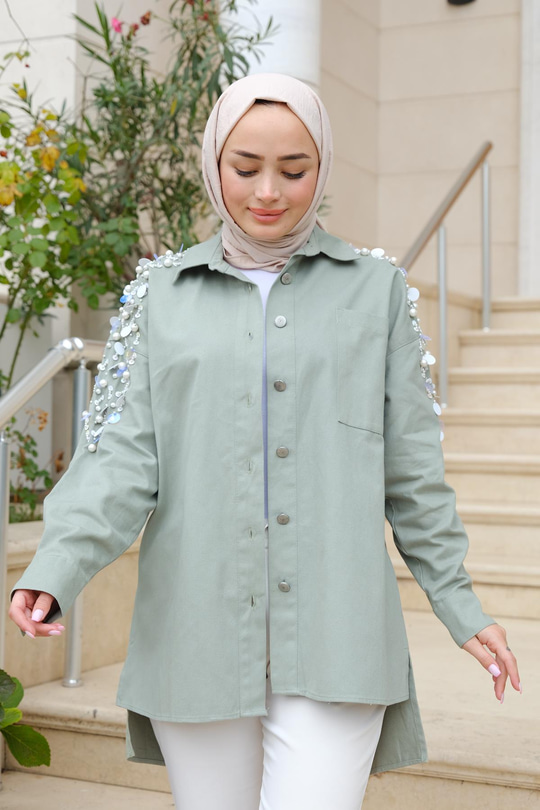 Kolları Taş Detaylı Gömlek Yeşil
