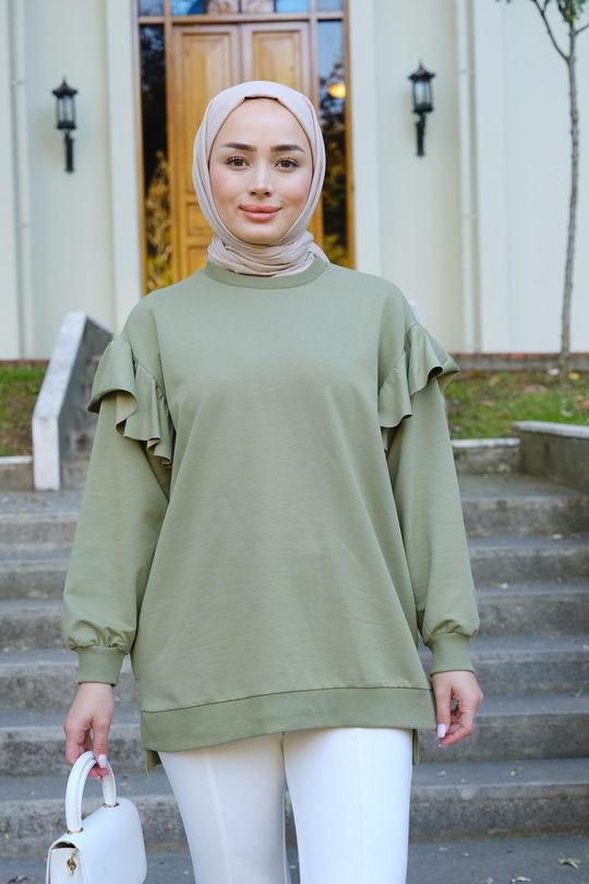 Kolu Fırfırlı Tunik Fıstık Yeşil