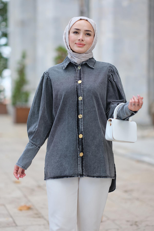 Kolu Pile Detaylı Kot Gömlek Gri