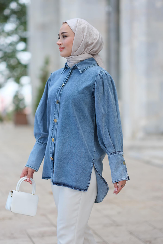 Kolu Pile Detaylı Kot Gömlek Mavi
