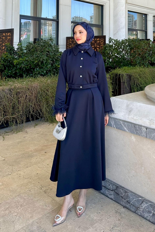Kolu Tüylü Bluz Etekli Takım Lacivert