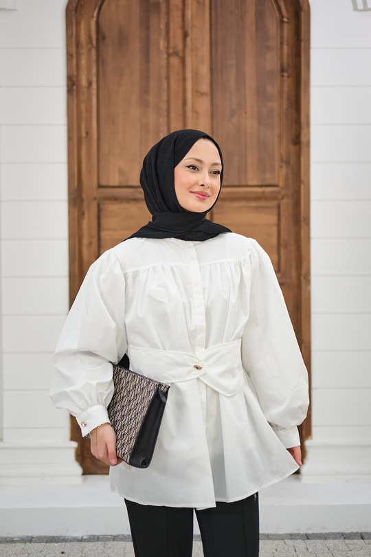 Korsaj Kemer Detaylı Büzgülü Gömlek Beyaz