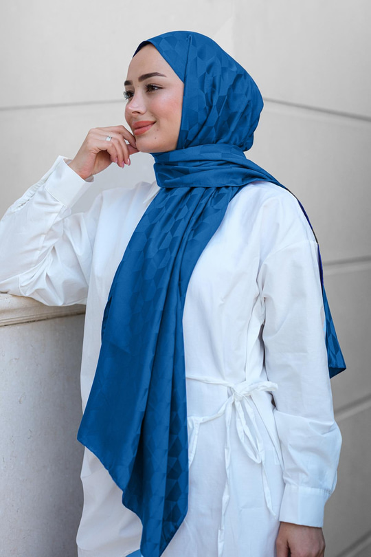 Koza Desen Jakar Şal İndigo Mavi