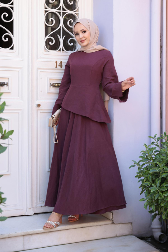 Kraş Etekli Keten Elbise Bordo