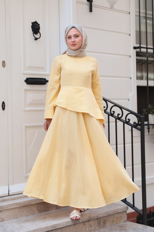 Kraş Etekli Keten Elbise Sarı