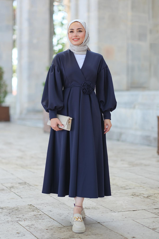 Kruvaze Yaka Belden Bağlamalı Elbise Lacivert