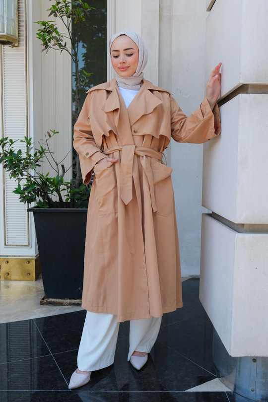 Kruvaze Yaka İspanyol Kol Trençkot Camel